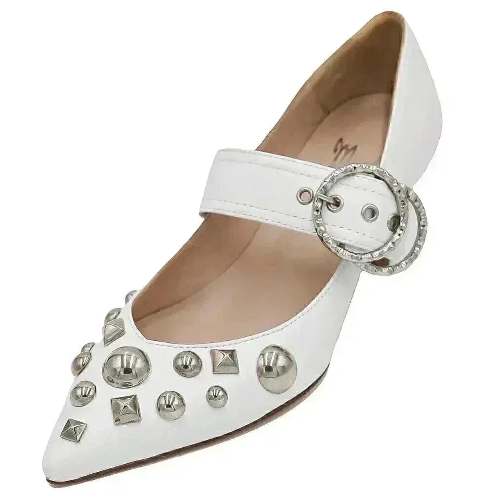 White Studded Pointed Toe Kitten Heel Pumps Size 38 Bridal Low‎ Heel Mary Janes
